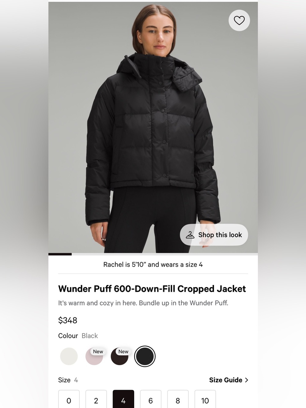 LULULEMON Wunder Puff 600-Down-Fill Cropped Jacket Size 4